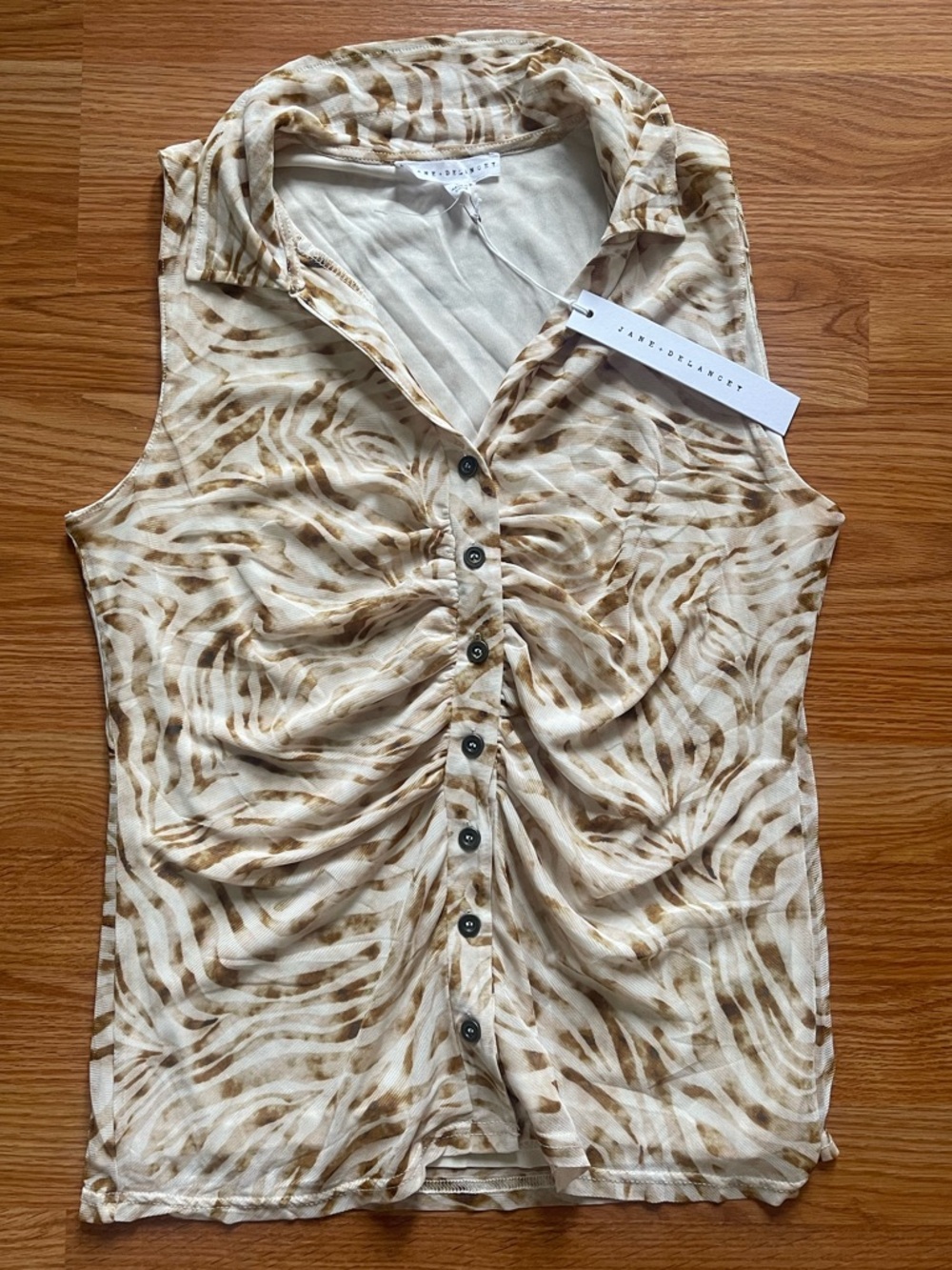 NWTJane and Delancey Beige and Brown Sleeveless Ruched Button-Front Collared Top - Picture 1 of 3